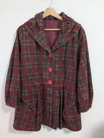 Tanppoppo 버건디 체크 코트 레트로 빨간 망토풍