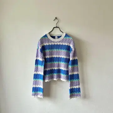 구제 크로셰 니트 멀티 보더 코튼 면 짧은 기장 크롭 M