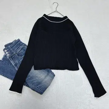 [ nemma ] 배색 리브 니트탑 블랙 화이트 라인 긴팔