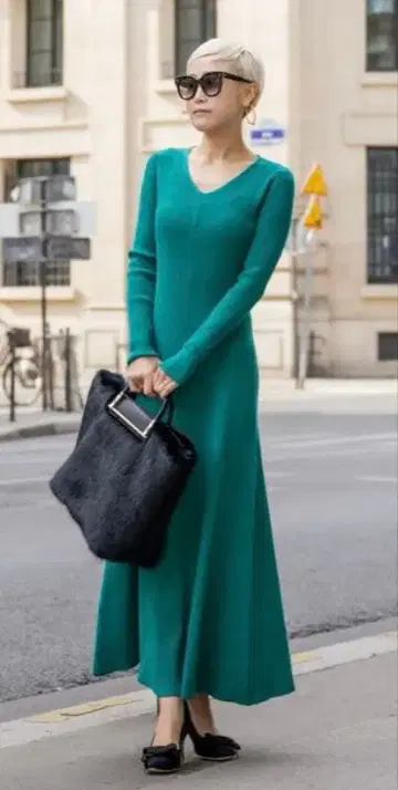 JENNE 리브 니트 플레어 원피스 S 그린