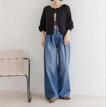 택 포함 새상품 LOWRYS FARM 턱 와이드 데님 팬츠 블루 L