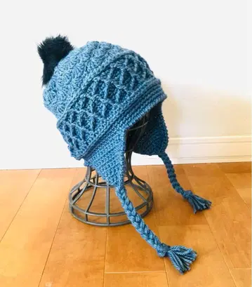 손뜨개질 귀도리 니트 모자 블루