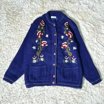 레트로 자수 아트 올 패턴 니트 가디건 모헤어 터치 보라색