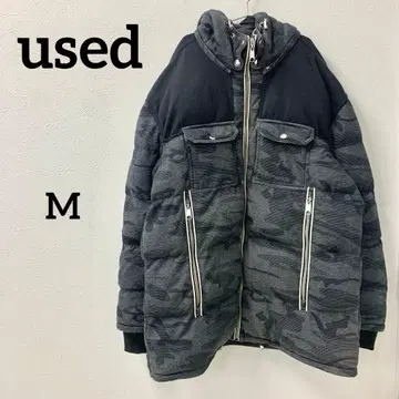 카모 패턴 x 무지 절개 더블 지퍼 패딩 자켓 후드 부착