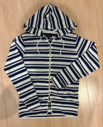 BEAMS 네이비 스트라이프 풀 집업 후드티 S