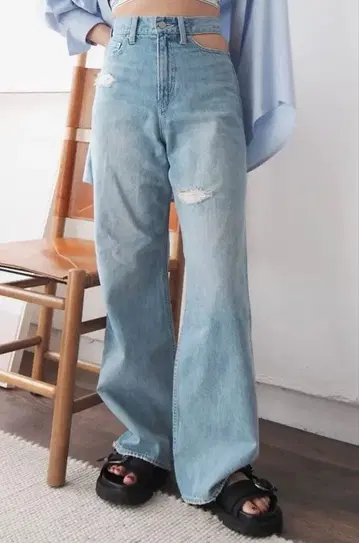 사이드 허리 오픈 와이드 데님 팬츠