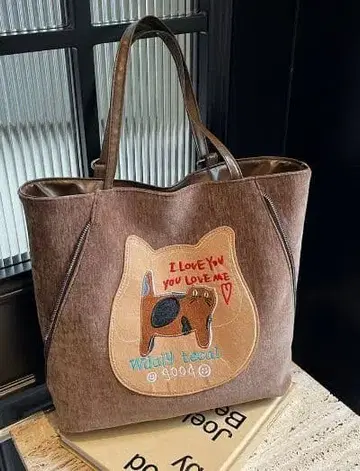 고양이 자수 토트백 브라운