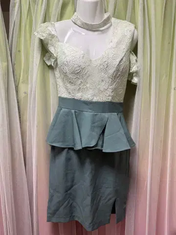 레이스 페플럼 미니 드레스 홀터넥 그린 계열