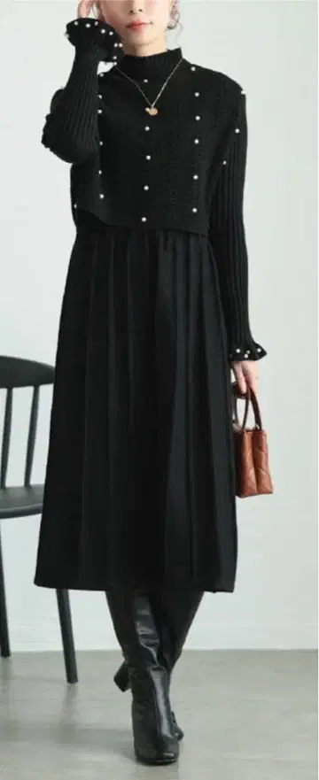 펄 장식 니트 베스트 원피스