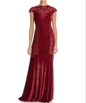 타다시 쇼지 스팽글 레이스 & 벨벳 롱 드레스 레드 계열