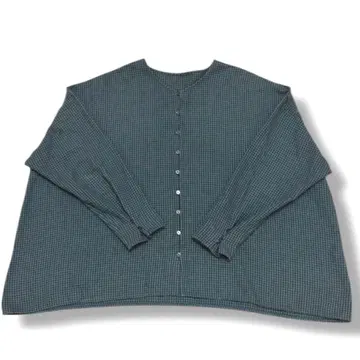 요건 레일 긴팔 노카라 셔츠 체크 무늬 탁한 블루 새상품급 L 상당