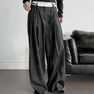 UNE MANSION 바이컬러 캐주얼 리본 롱 기장 슬랙스