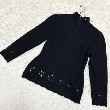 풀오버 스캘럽 레이스 꽃 무늬 모 100% 블랙 빈티지 ( M )