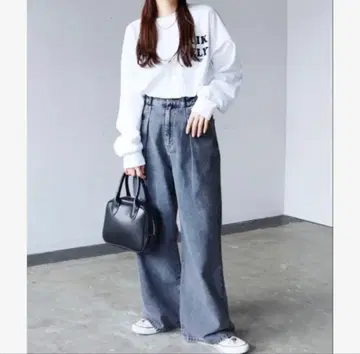 택 포함 reca 세미 와이드 턱 데님 팬츠 케미컬 블루 네이비 세트