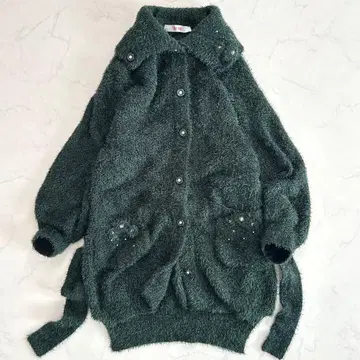 핑크하우스 포근한 샤기 니트 가디건 꽃 모티브 펄 루즈핏