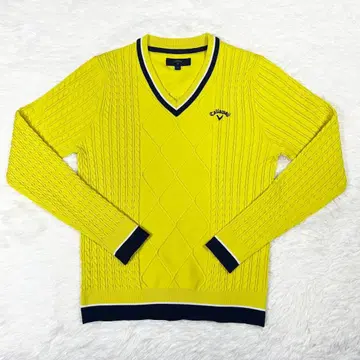 캘러웨이 스웨터 니트 케이블 짜임 V넥 옐로우 컬러