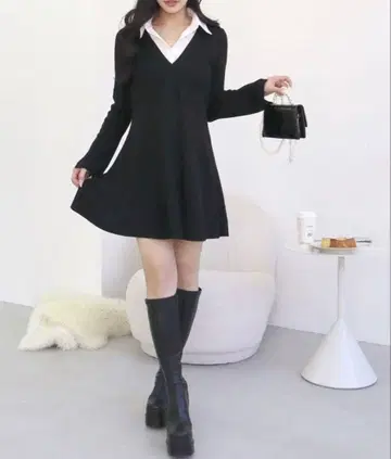 ROYAL PARTY 셔츠 카라 니트 미니 플레어 원피스 (블랙)