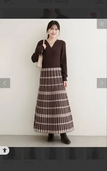 natural coutureV 넥 니트 원피스 체크 무늬