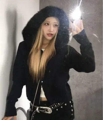 새상품 인조 모피 더블 지퍼 니트 후드티 블랙 L