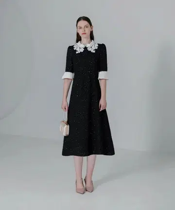 Leja A라인 드레스 꽃무늬 카라 부착