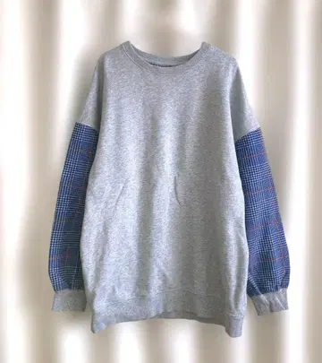 JUNRED 그레이 맨투맨 체크 무늬 긴팔 프리