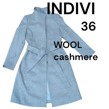 새상품급 인디비 캐시미어 혼방 램스울 스탠드 카라 안감 블루 롱 코트