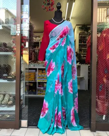 터콰이즈 핑크 꽃무늬 쉬폰 사리