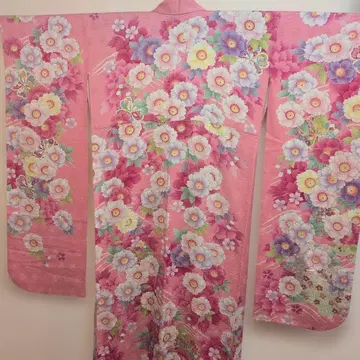 [ 새상품급 ] 핑크 꽃무늬 후리소데 기모노