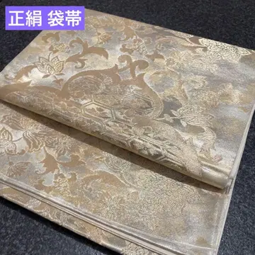 순수 실크 후쿠로 오비 금색 바탕에 흐릿한 추상 초화 무늬