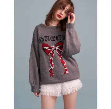 리본 자카드 루즈 니트 그레이 jouetie