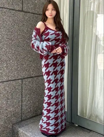 RESEXXY 하운드 투스 샤기 니트 가디건, 스커트