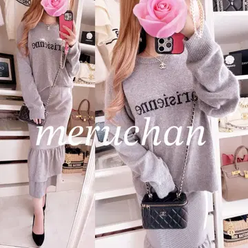 [새상품] 코디 세트 로고 니트 & 체크 무늬 티어드 프릴 스커트