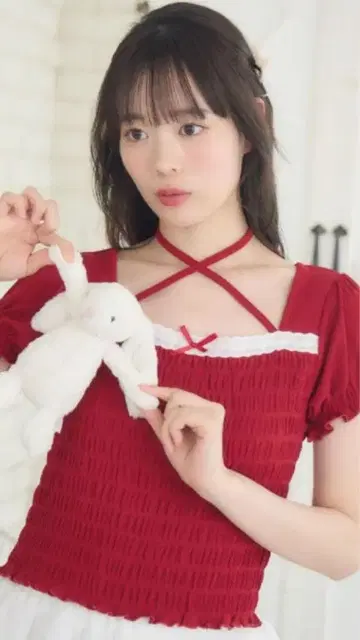 빨간색 레이어드 리브 상의