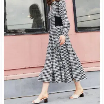 새상품급 ANDCOUTURE 허리 리브 깅엄 체크 원피스 블루