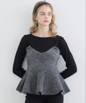 coca 코카 샤기 라메 니트 리본 뷔스티에 차콜 그레이 M