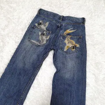 일본풍 패턴 잉어 자수 데님 골드 실버 청바지