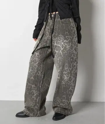 FOLLOWIN 빈티지 워싱 레오파드 와이드 팬츠