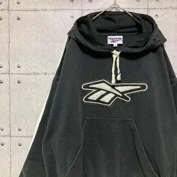 90s 리복 센터 빅 로고 와펜 자수 이소재 절개 후드티 블랙