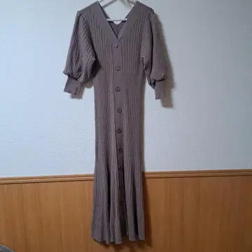 브라운 리브 편직 롱 원피스