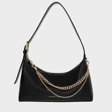 크링클 이펙트 체인 장식 호보 백 - 블랙