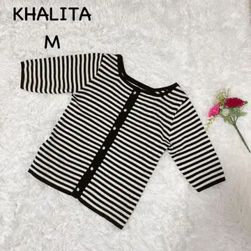 화이트 블랙 스트라이프 가디건 반팔 펄 버튼 아크릴 워셔블 슬림