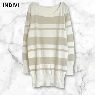 인디비 보더 긴팔 니트 얇은 소재 스웨터 튜닉 M 울 혼방