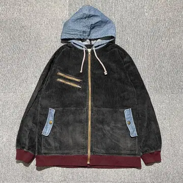 이종 소재 지퍼 후드티 자켓 코듀로이 데님풍 지퍼 블랙