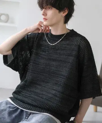 ASTRONOMY 시스루 편직 멜란지 돌먼 메쉬 5부 소매 썸머 니트