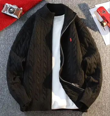 블랙 케이블 짜임 집업 스웨터