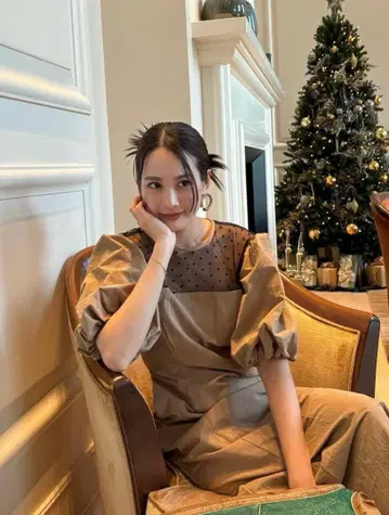 andresd 도트 무늬 베이지 롱 원피스