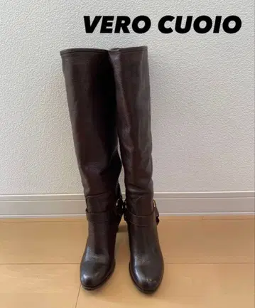 컨디션 최상 천연 가죽 가죽 롱 부츠 브라운 여성용 사이즈 36