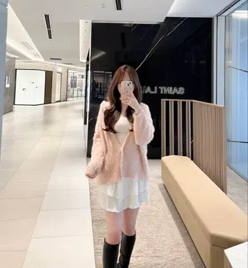 스나이델 샤기 라메 가디건 핑크