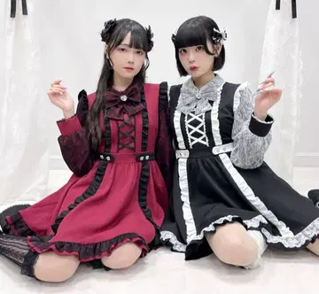 유메텐보 원피스 프릴 가득 레이스업 리본 원피스 보르도 레드