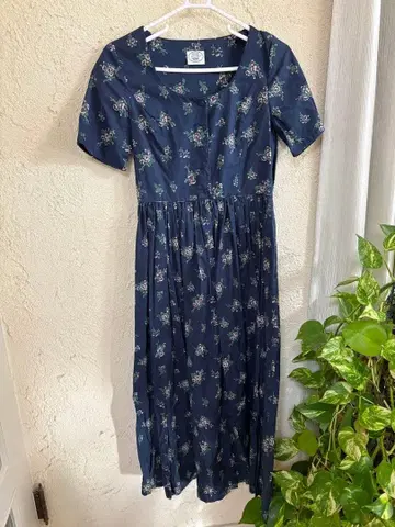 USED 로라 애슐리 네이비 플라워 프린트 반팔 롱 원피스 7호